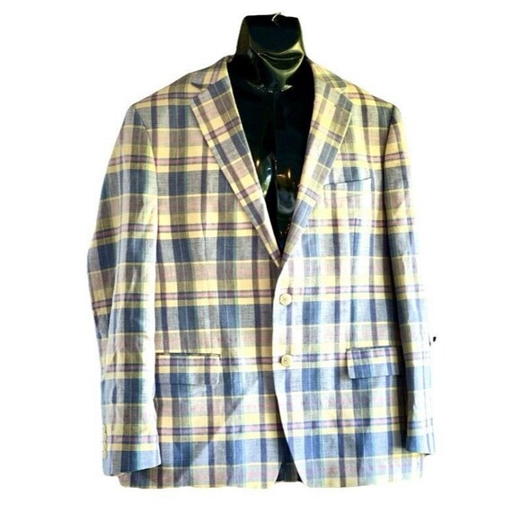 Club Room Men's Size 44r Multicolor Plaid Linen Blend Blazer Jacket - Picture 1 of 16